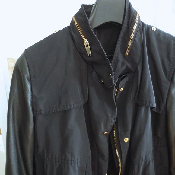 Zara Navy Black and Gold Zipper Parka Rain Jacket Coat with Leather Look Sleeves - Picture 2 of 6